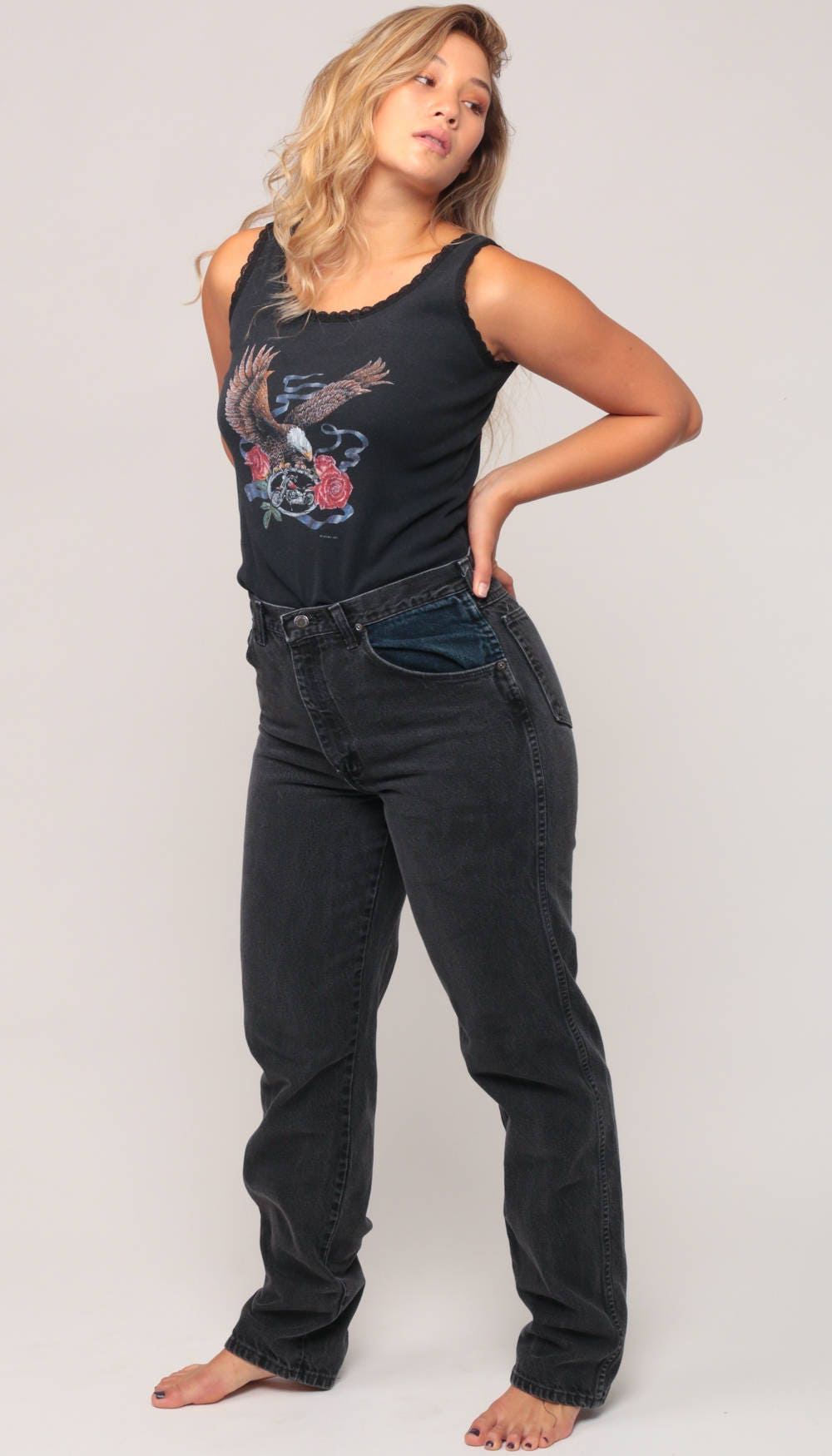 Wrangler Black High-Waisted Mom Jeans Tapered Leg 80s Denim Large 32
