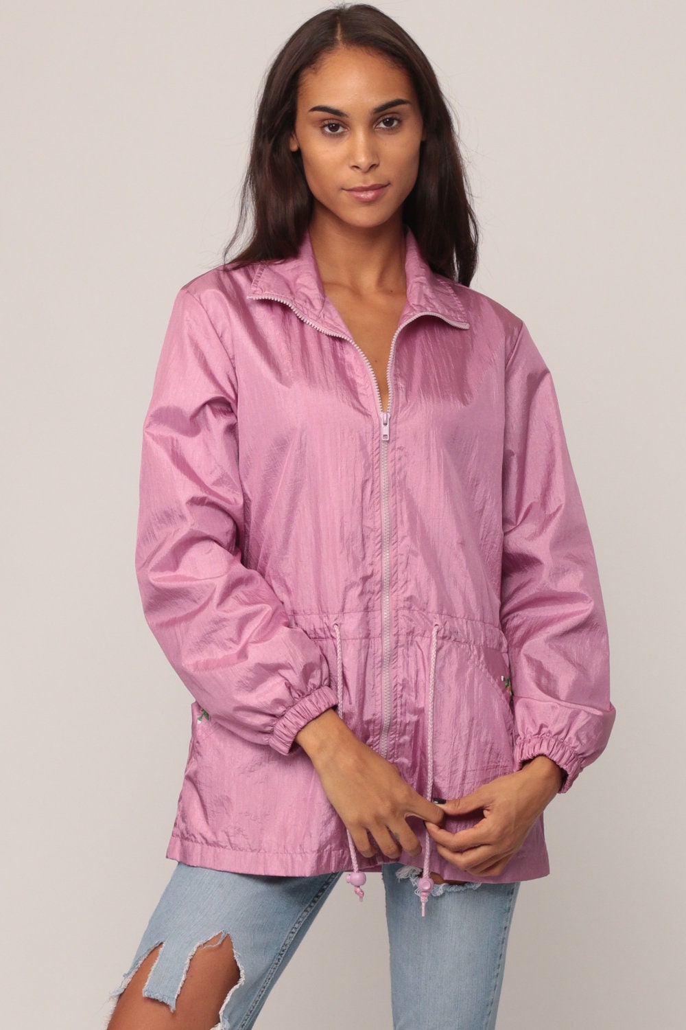 90s Purple Nylon Windbreaker Jacket Floral Embroidered Anorak Small