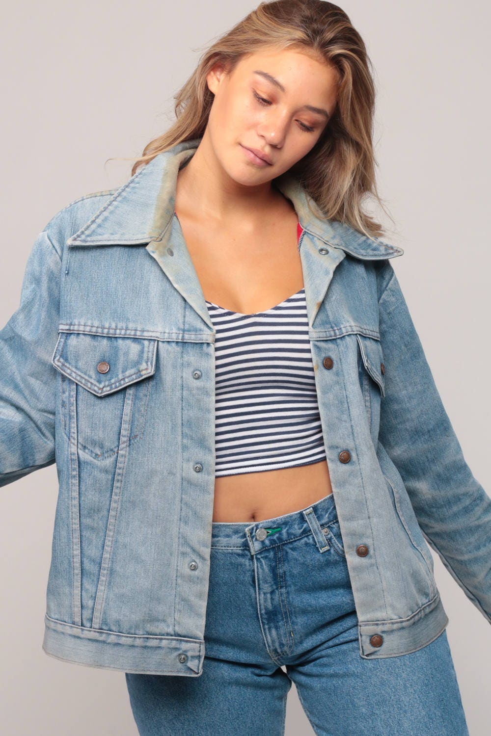 70s Blue Denim Jacket Quilted Red Lining Unisex Snap Front Extra Large