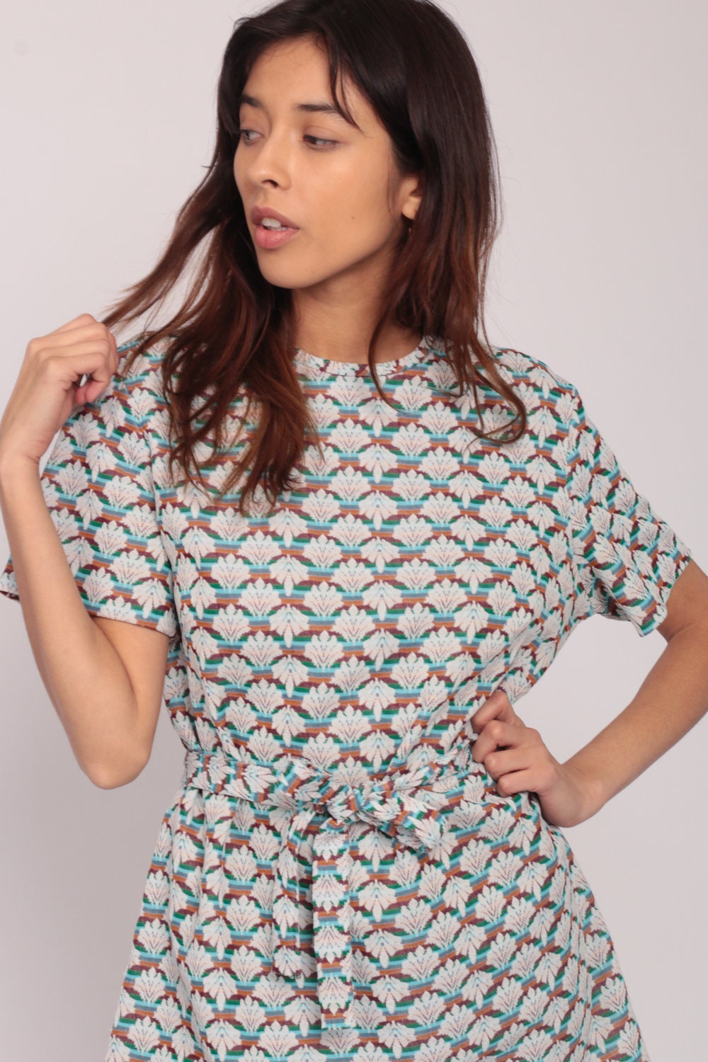 1960s Mod Shift Mini Dress Geometric Wallpaper Print Belted Large