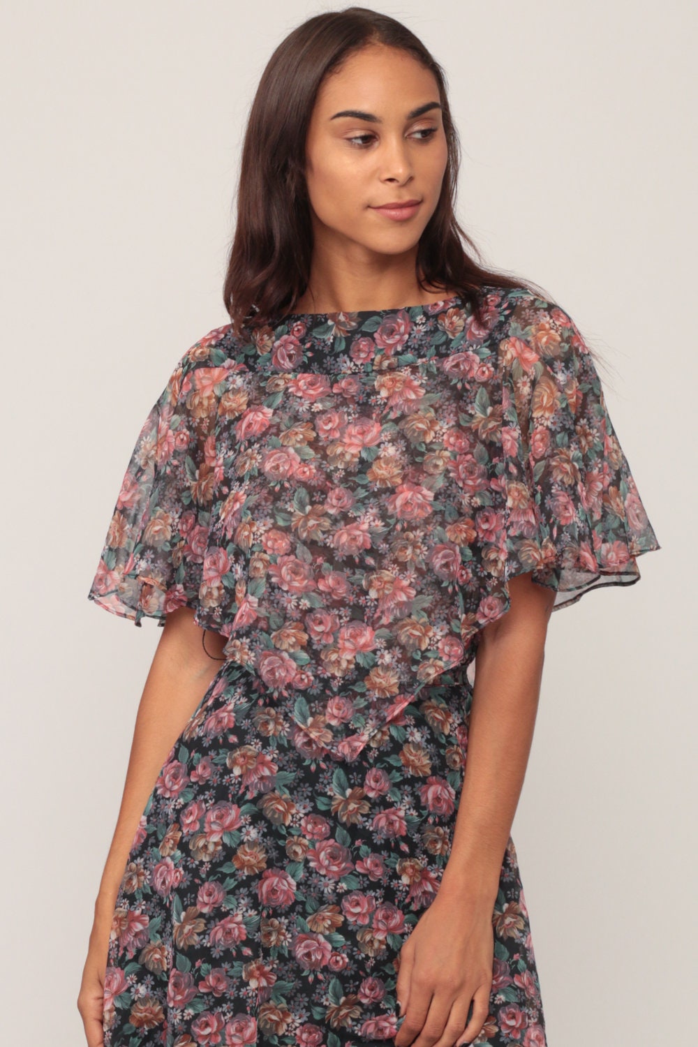 1970s Floral Mini Dress Flutter Capelet High Waist Small