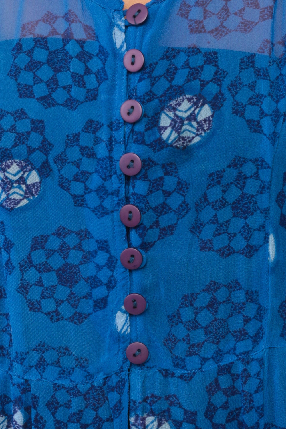 90s Blue Geometric Rayon Maxi Dress Button-Up High Slit Short Sleeve Small Medium