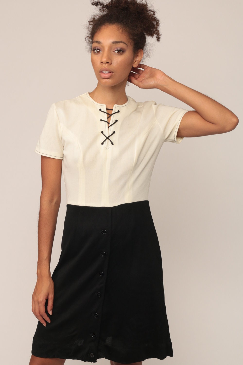 70s Mod Mini Dress Lace-Up Bodice Black Off-White High Waist Small