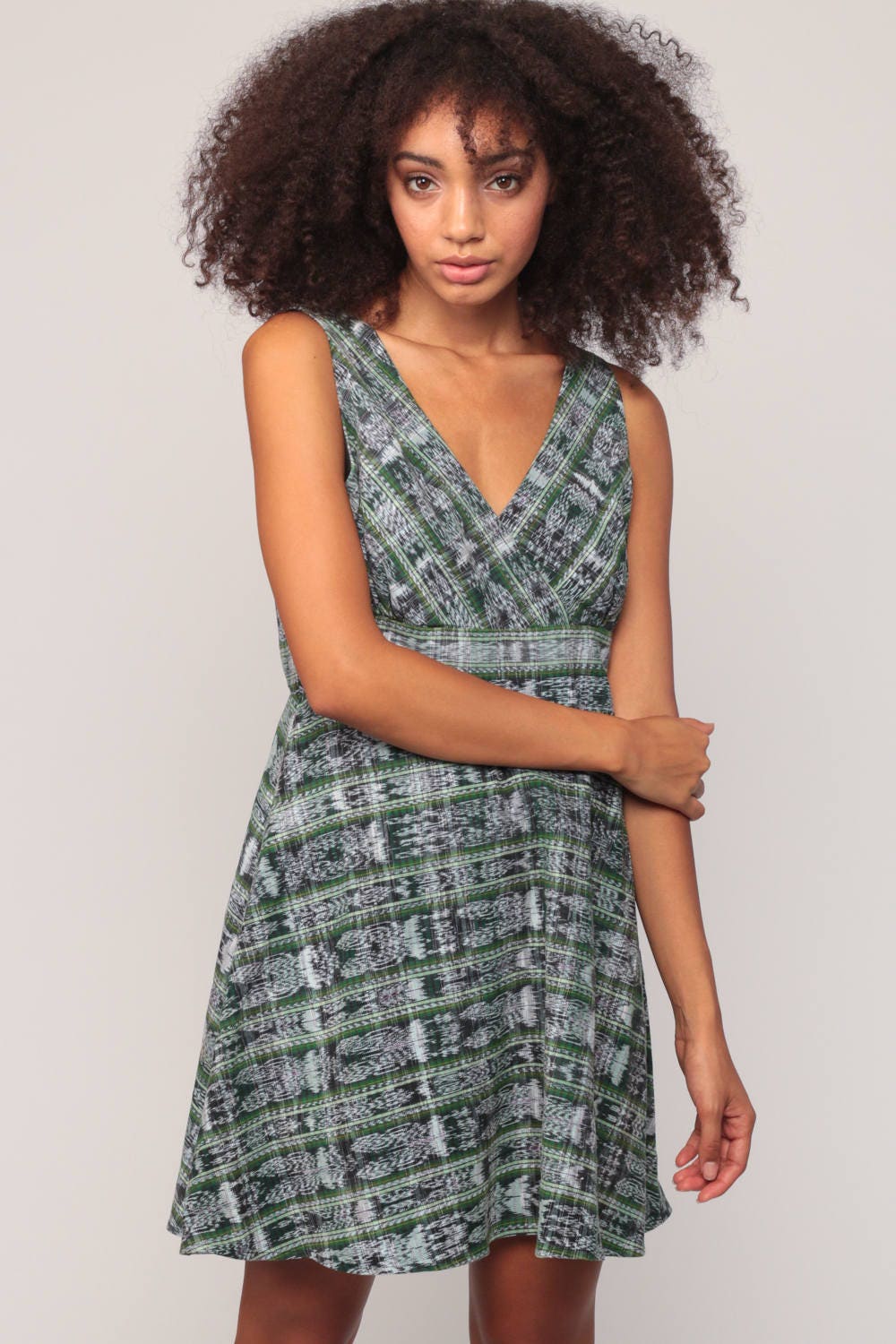 90s Tribal Print Babydoll Dress Empire Waist Mini Green Medium Large