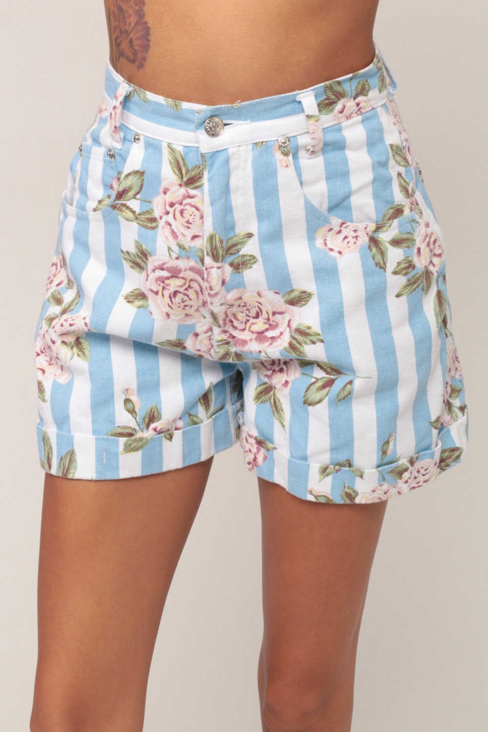 90s Floral Striped High Waisted Denim Shorts Blue Jean Extra Small
