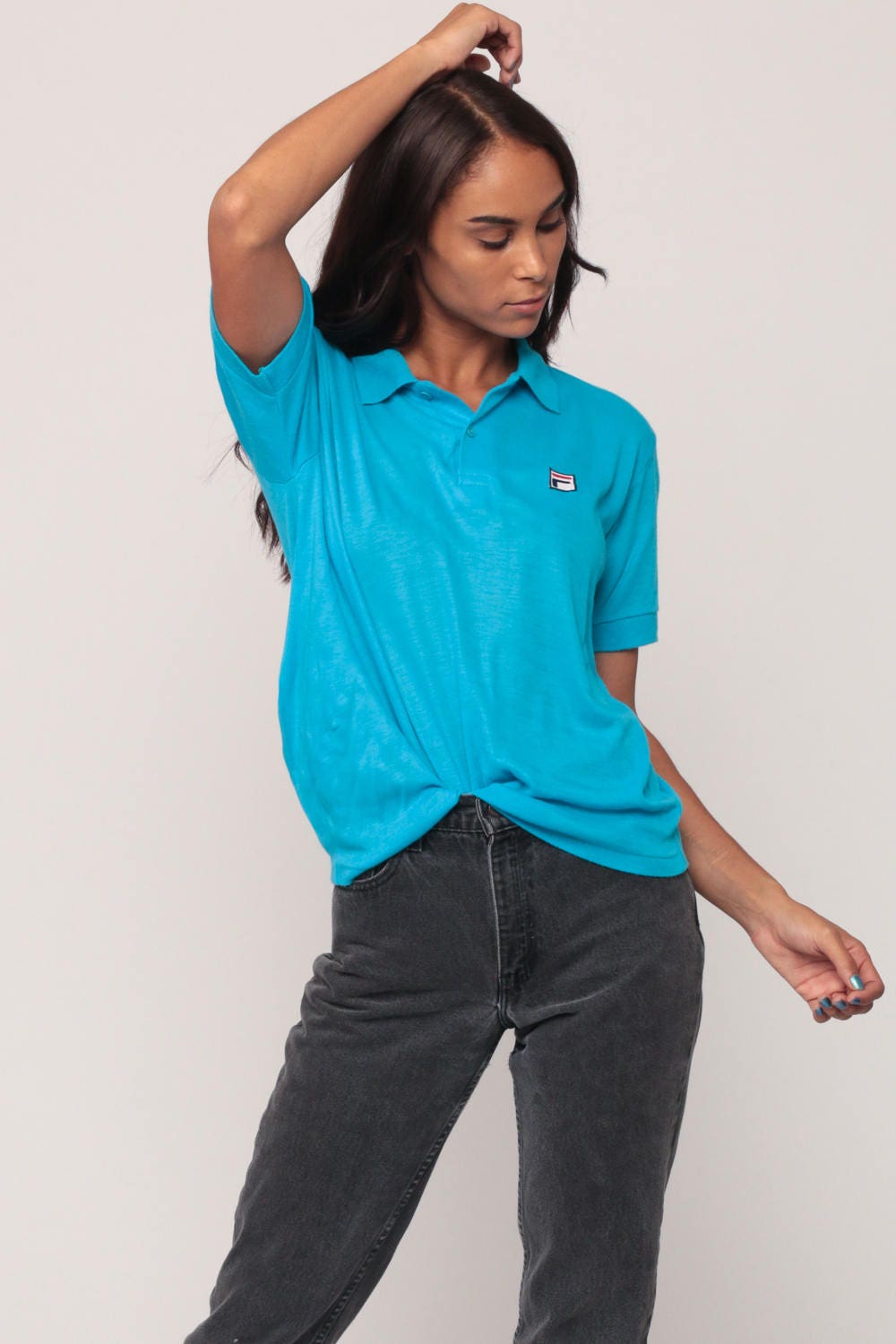 80s Fila Polo Shirt Turquoise Short Sleeve Cotton Blend Small