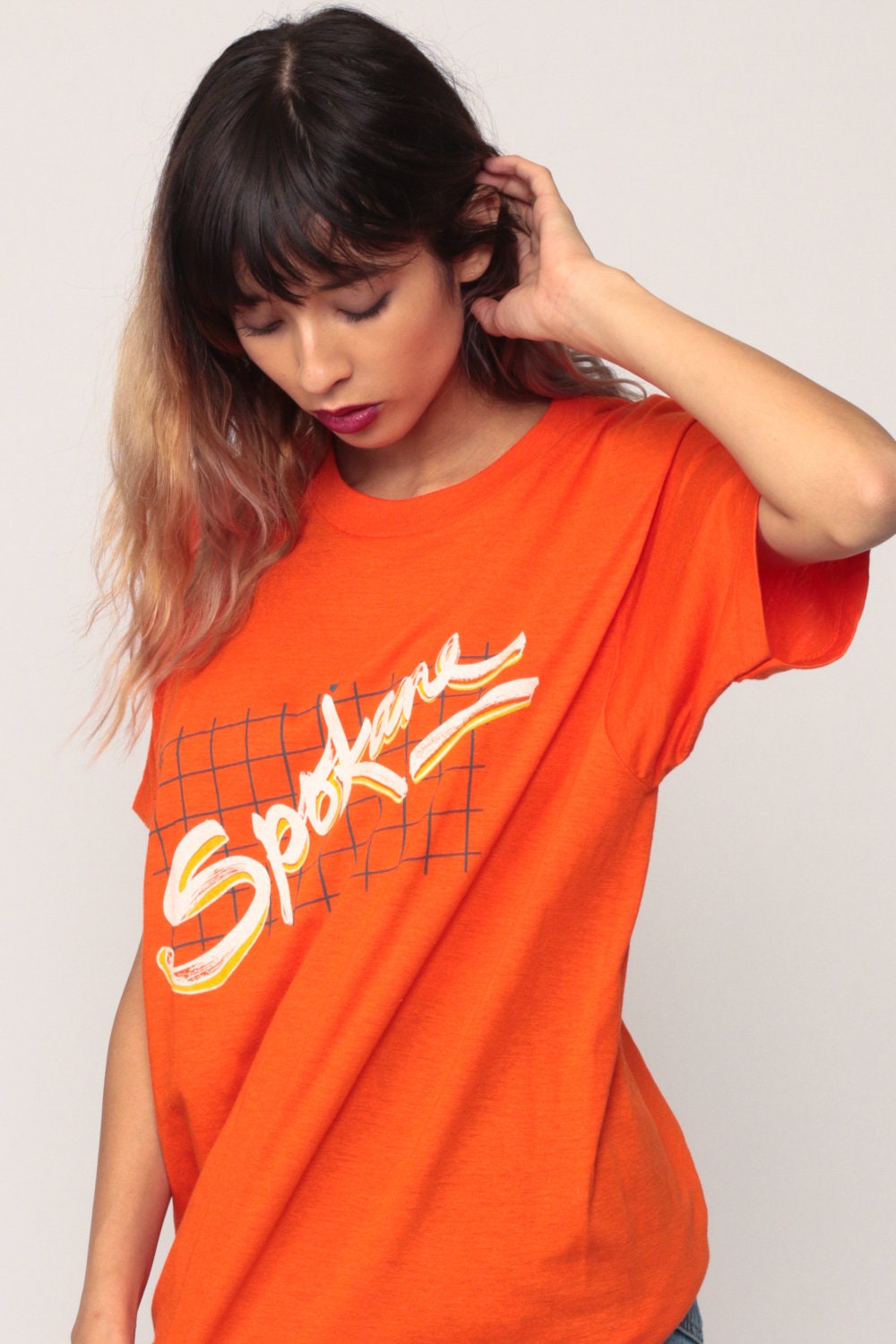 80s Spokane Washington State Graphic T-Shirt Burnout Orange Extra Large XL