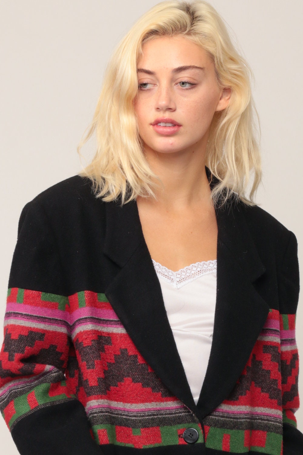 80s Southwestern Wool Blend Blazer Black Aztec Print Medium