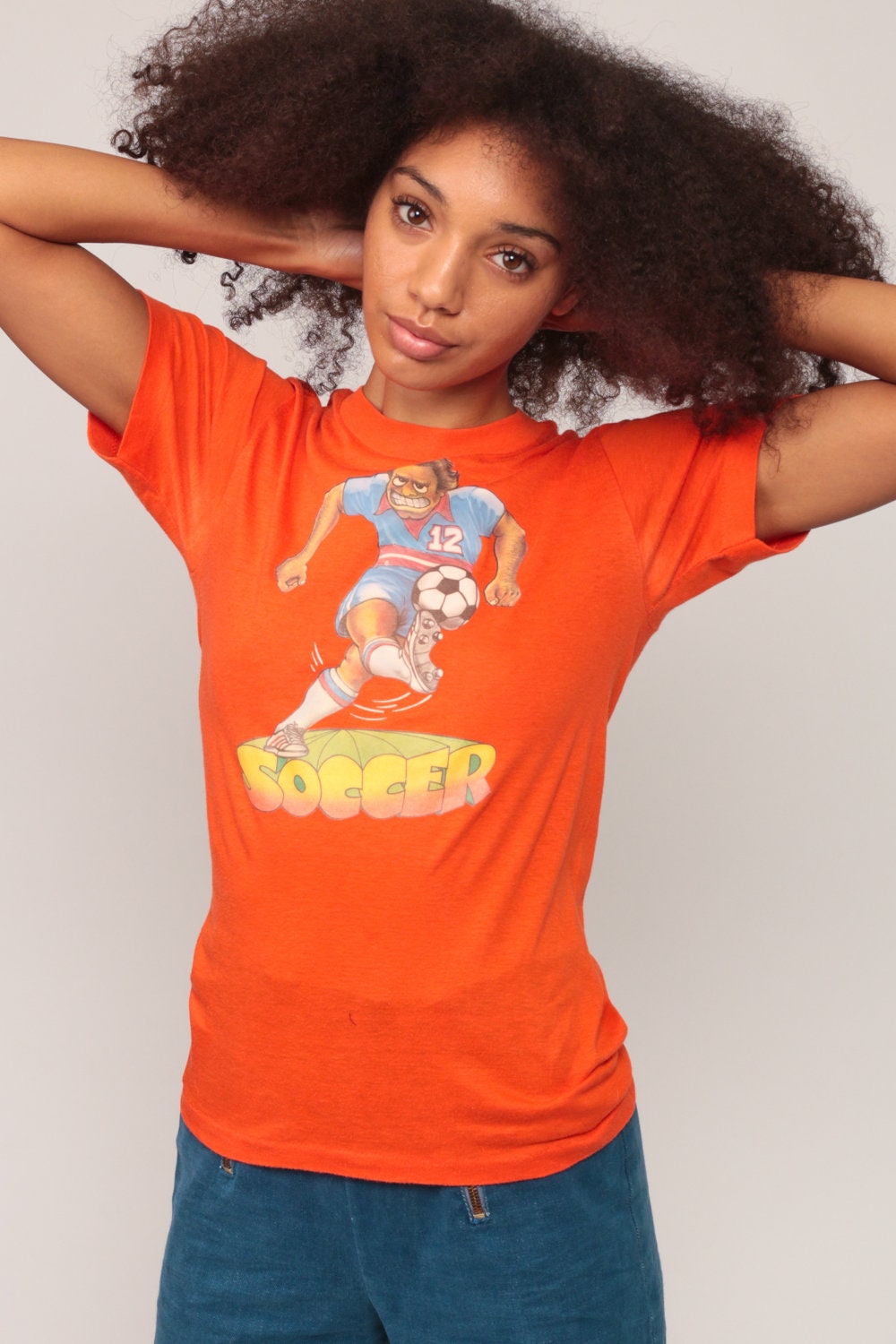 80s Soccer Graphic T-Shirt Orange Cotton Blend Extra Small XS