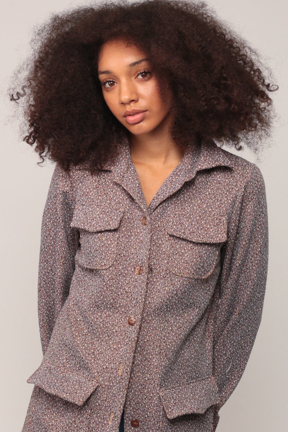 70s Flecked Brown Button-Up Shirt Long Sleeve Collared Blouse Medium