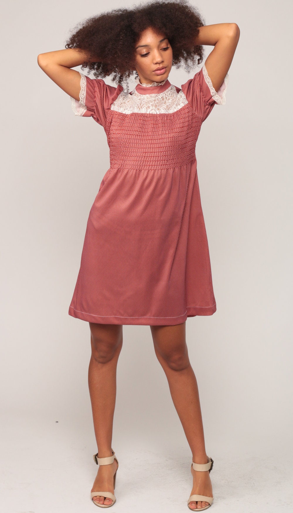 70s Rust Polka Dot Babydoll Mini Dress Puff Sleeve Lace Bib Small Medium