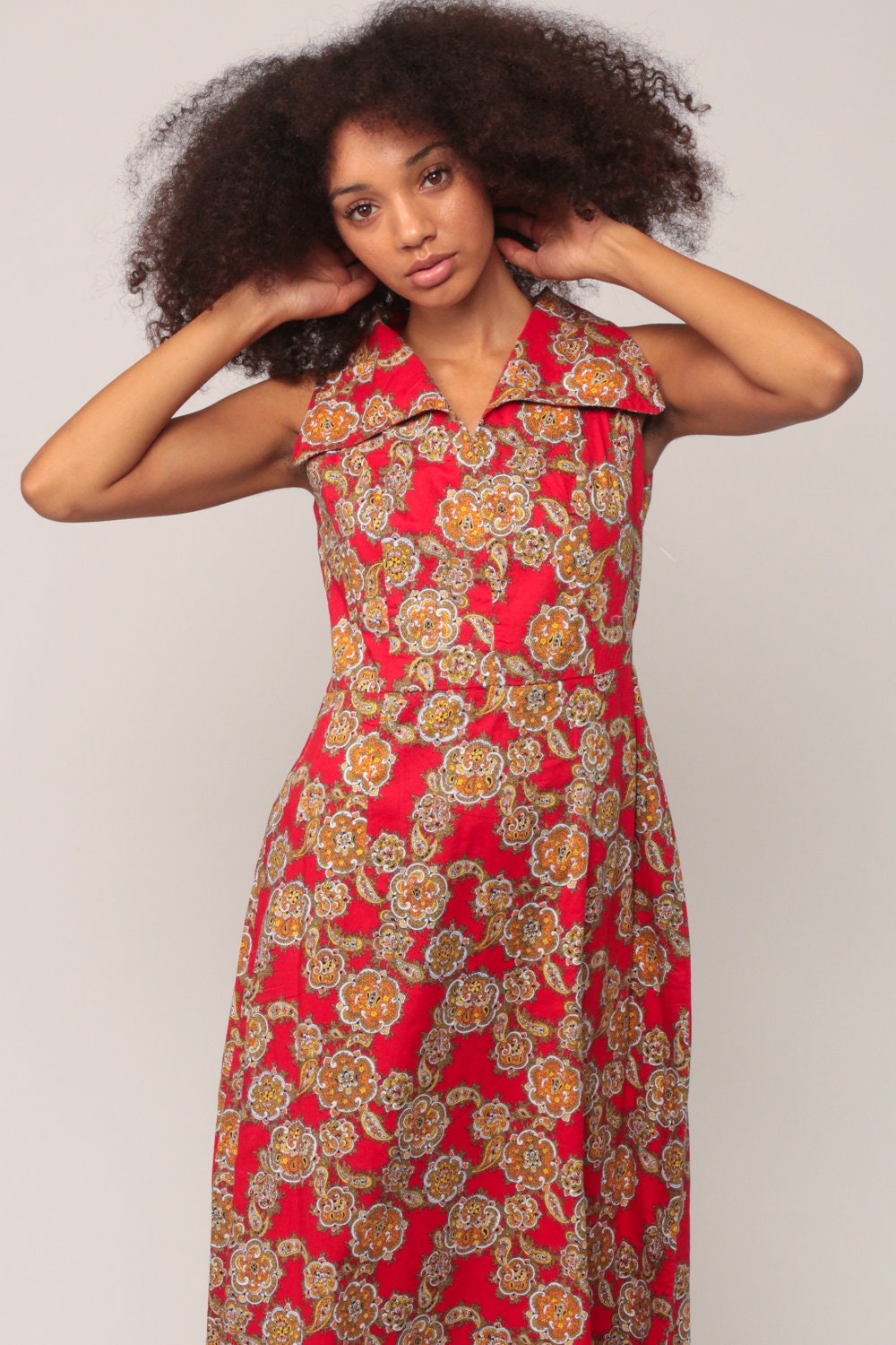 70s Paisley Print Maxi Dress High Waisted Sleeveless Red Small Medium