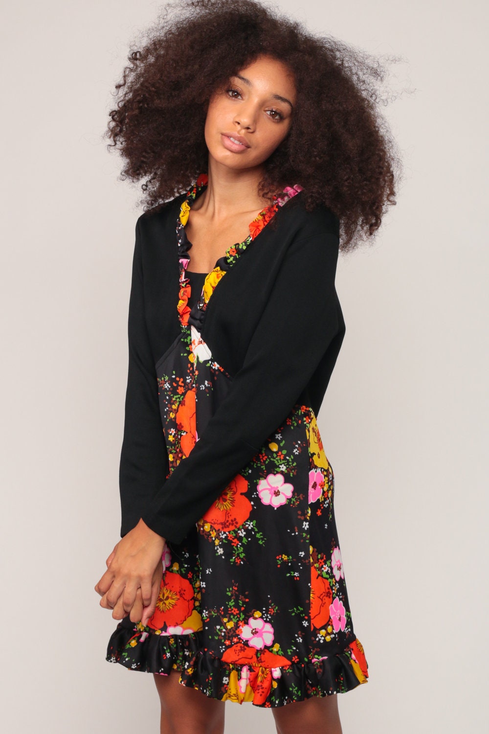 70s Floral Empire Waist Mini Dress Long Sleeve Ruffled Black Large