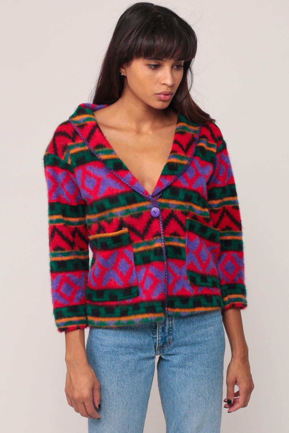 90s Southwestern Fleece Jacket Aztec Print Button Front Medium