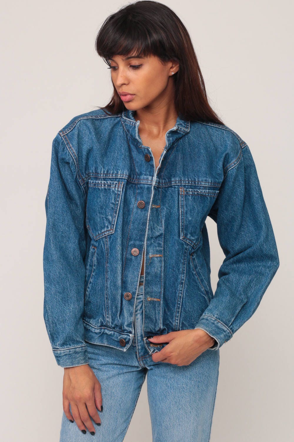 80s Blue Denim Trucker Jacket Stone Wash Jean Coat Small