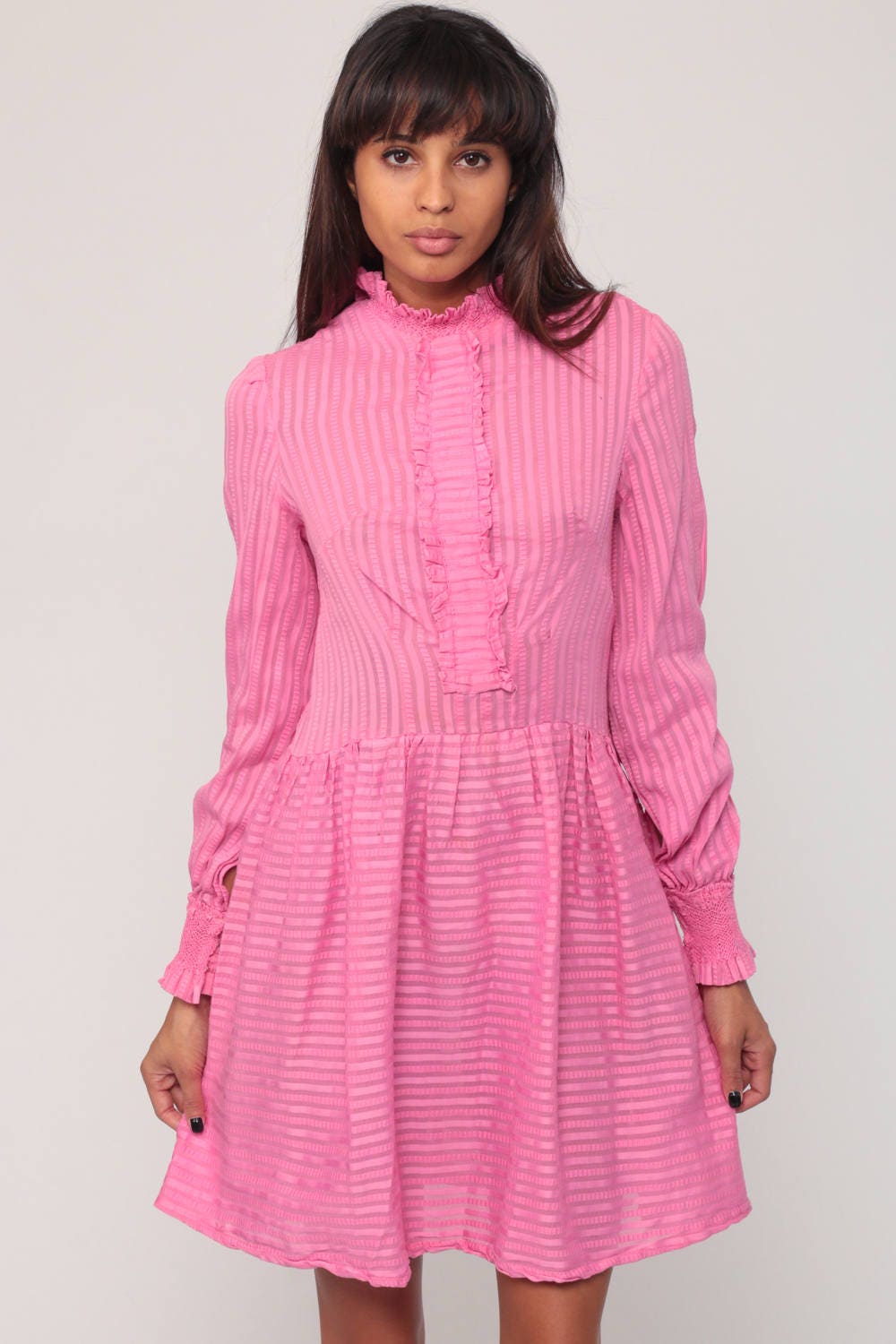 60s Pink Mod Mini Dress Ruffle Chest Long Sleeve Small