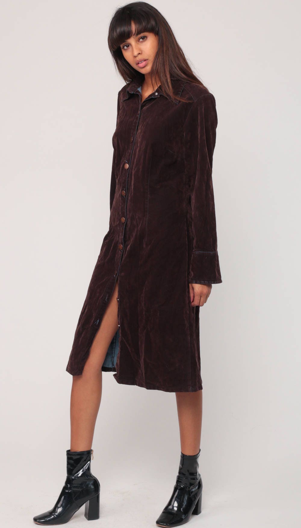 90s Brown Velvet Mini Dress Long Sleeve Button-Up Small