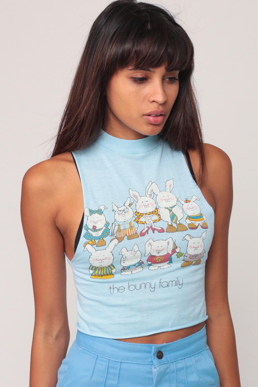 80s Bunny Family Crop Tank Top Baby Blue Graphic Tee Extra Small XXS