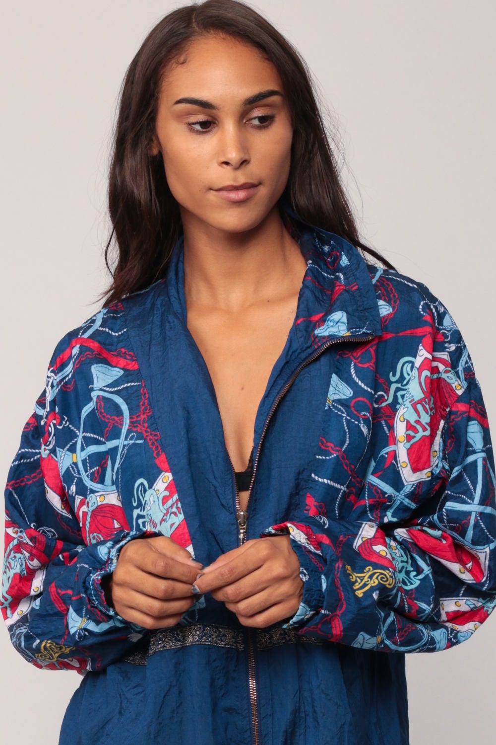 90s Carousel Horse Windbreaker Jacket Blue Nylon Track Coat Large