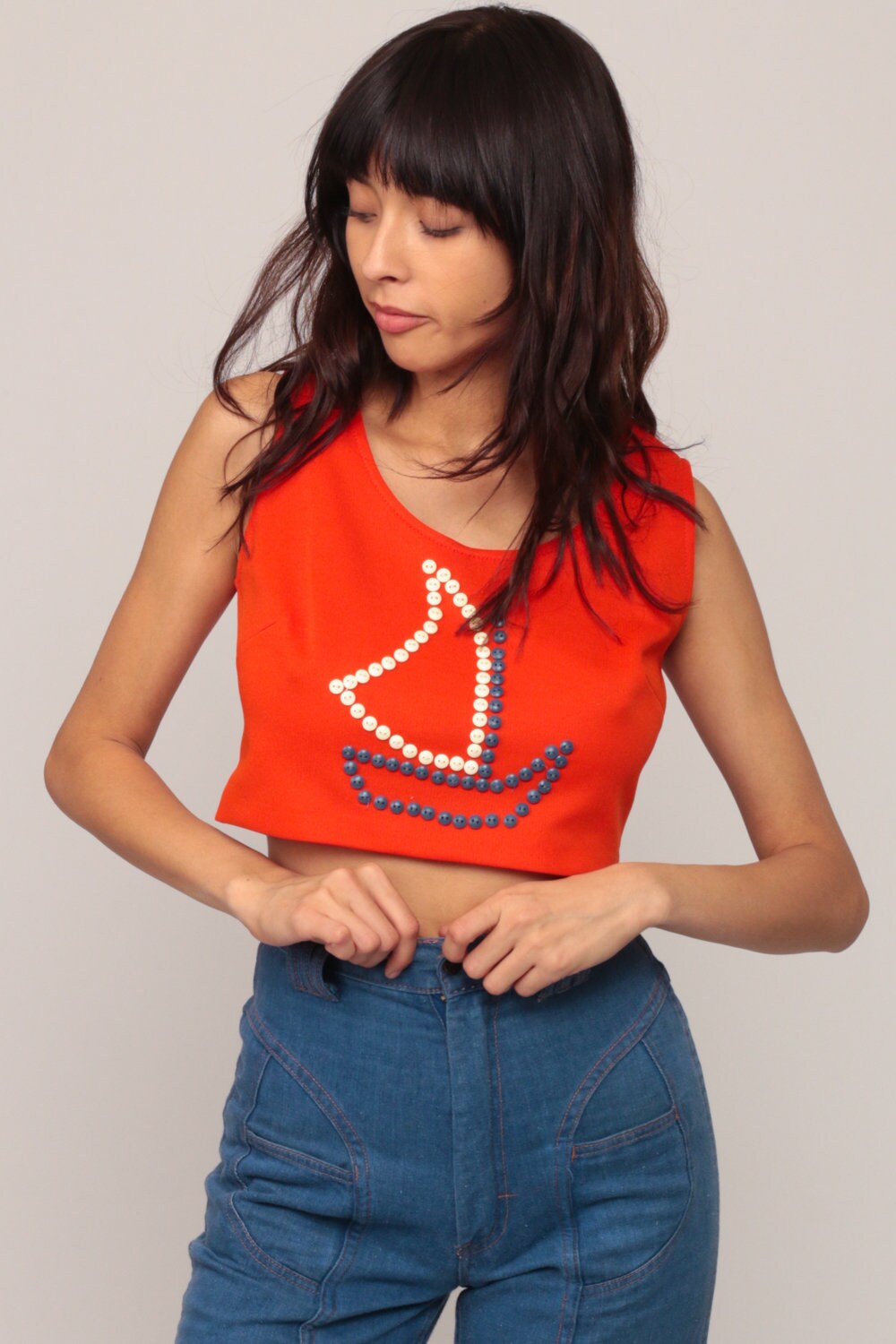 70s Sailboat Button Halter Crop Top Orange Nautical Blouse Small