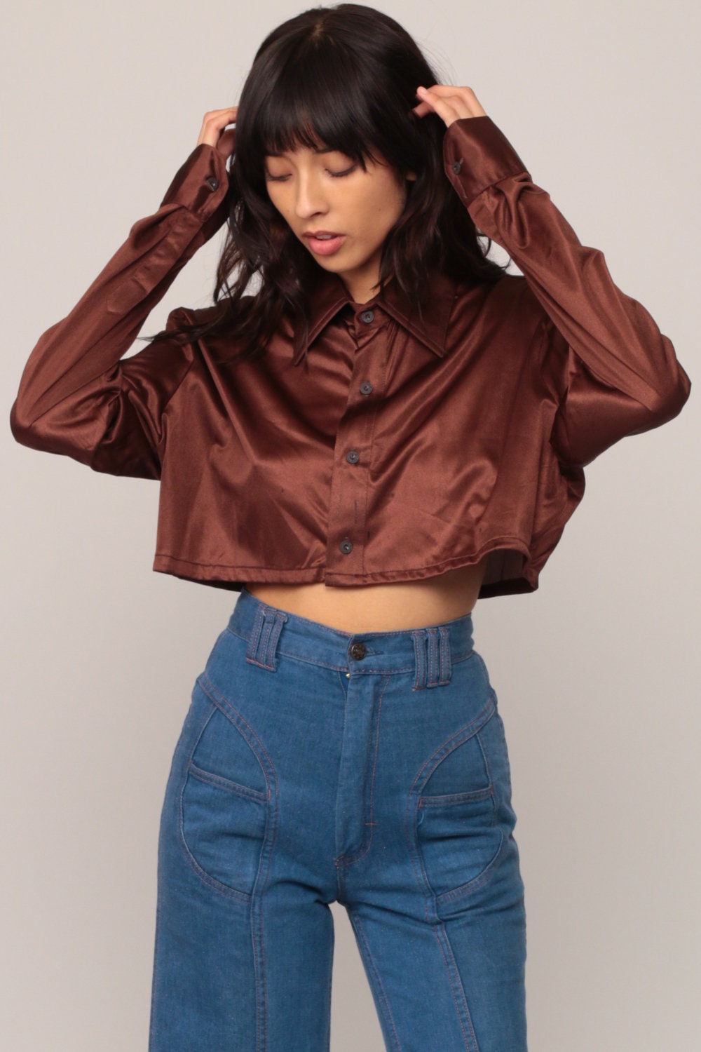 70s Brown Silky Crop Top Long Sleeve Button Up Shirt Large