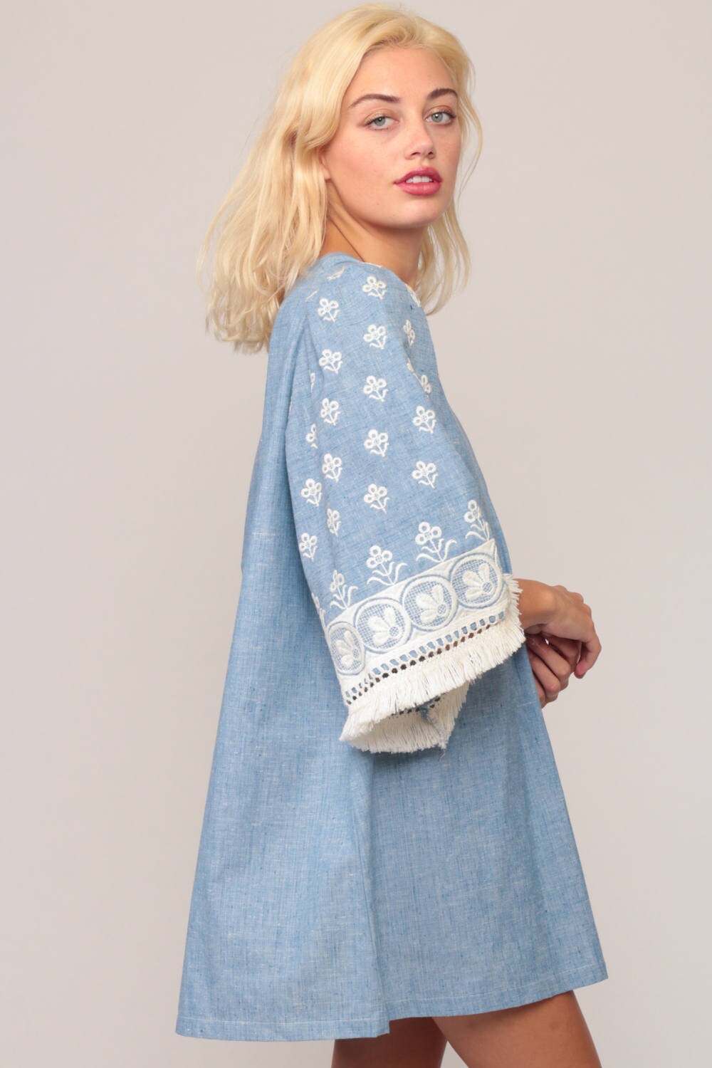70s Blue Embroidered Mini Dress Bell Sleeve Fringe Caftan Extra Large XXL