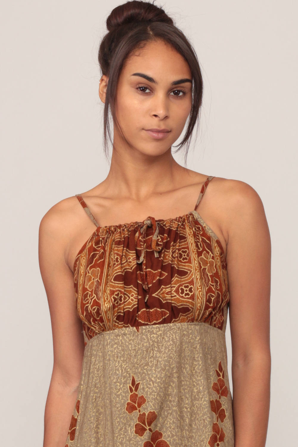 90s Indian Batik Floral Mini Dress Brown Spaghetti Strap Empire Waist Small