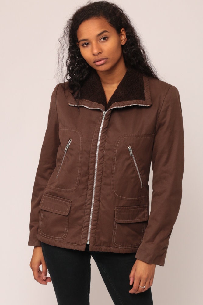 70s Brown Zip Jacket Sherpa Lining Collar Small Medium
