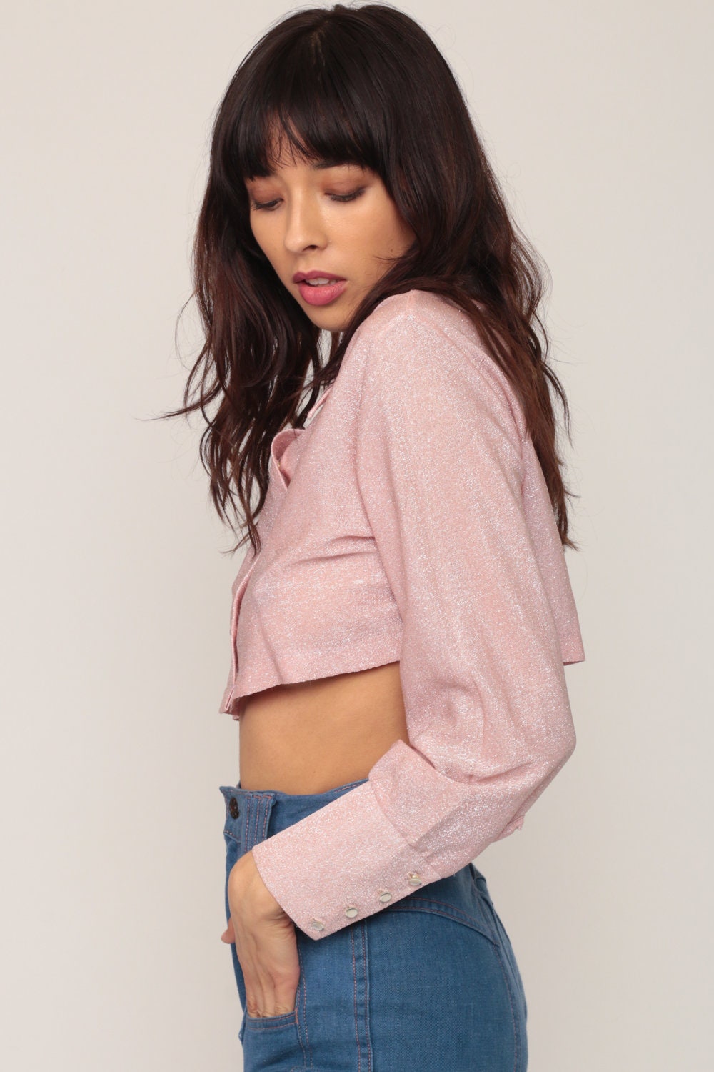 70s Metallic Pink Silver Crop Top Long Sleeve Blouse Small Medium