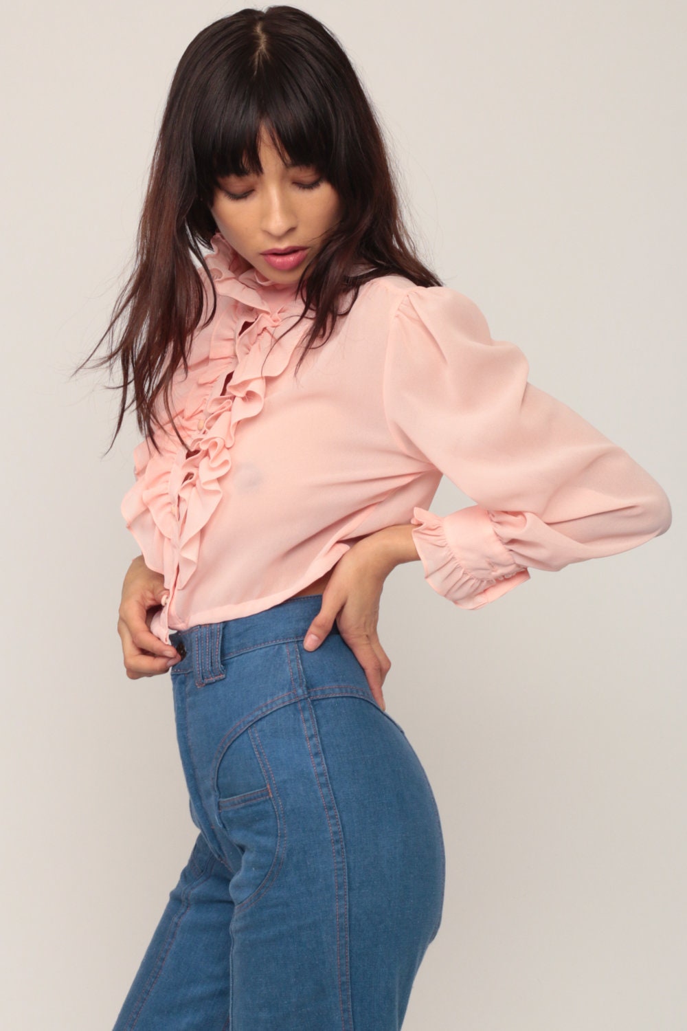 70s Baby Pink Tuxedo Blouse Crop Top Ruffle Sheer Long Sleeve Small