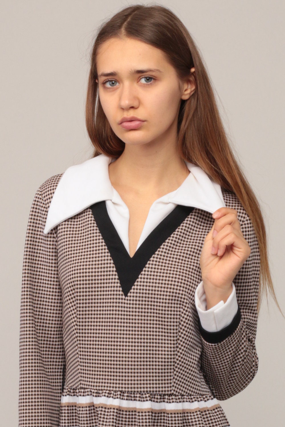 70s Brown Plaid Mini Dress High Waist Long Sleeve White Collar Medium