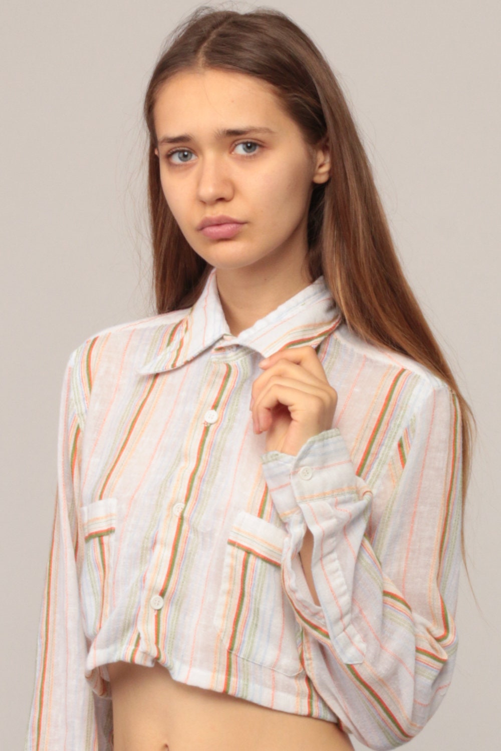 70s Striped Cotton Crop Top Button-Up Blouse Long Sleeve White Small