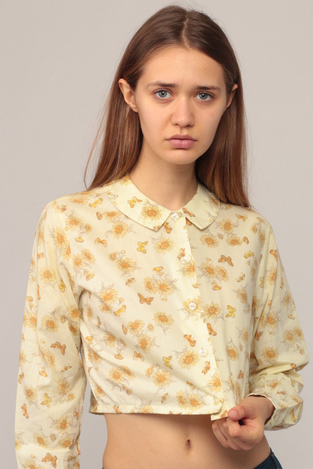 70s Butterfly Floral Shirt Peter Pan Collar Crop Top Long Sleeve Small
