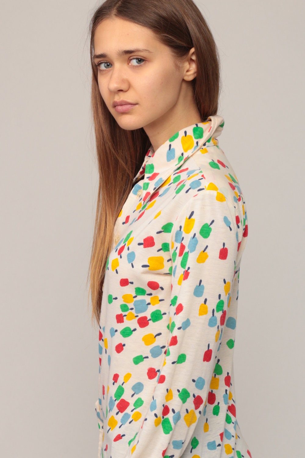 70s Givenchy Apple Print Blouse Cotton Button Up Long Sleeve Small