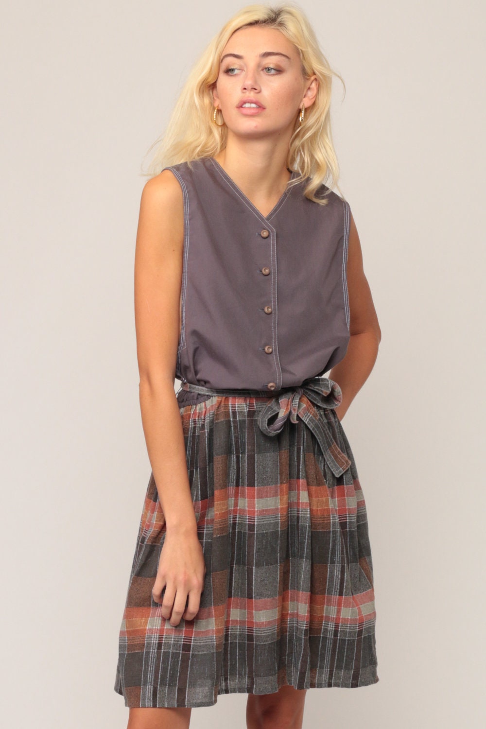 70s Grey Plaid Mini Dress High Waist Button Front Low Armhole Extra Large