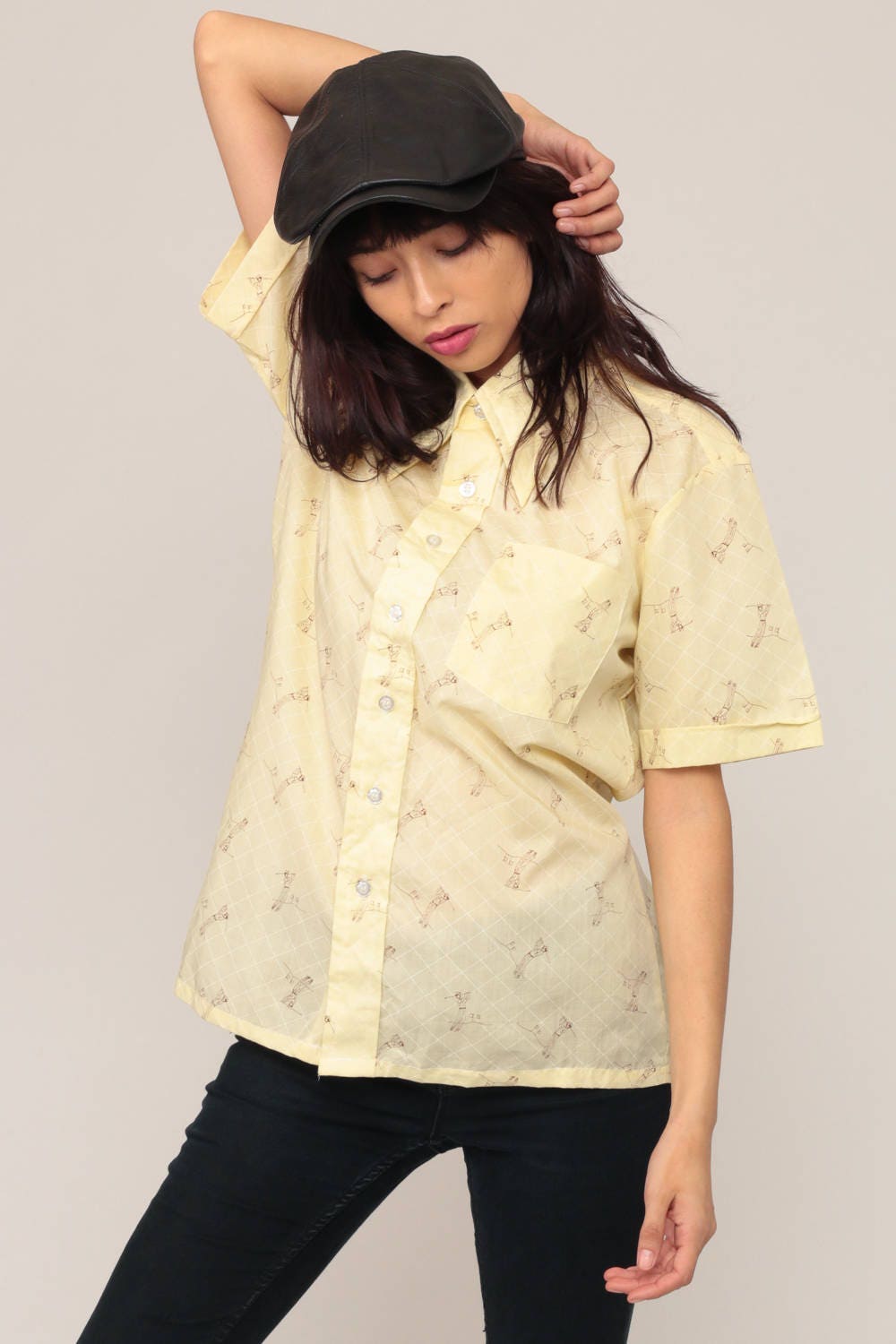 70s Golf Print Shirt Yellow Button Up Novelty Disco Collar Medium