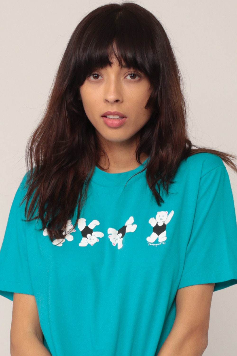 80s Aerobics Teddy Bear Graphic T-Shirt Blue Cotton Medium