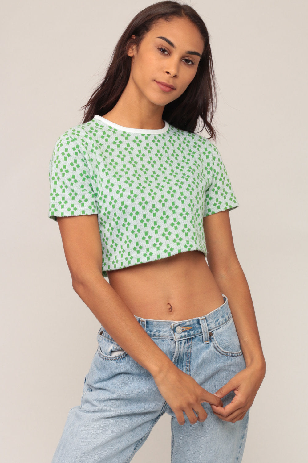 70s Geometric Crop Top Green T-Shirt Short Sleeve Small Medium
