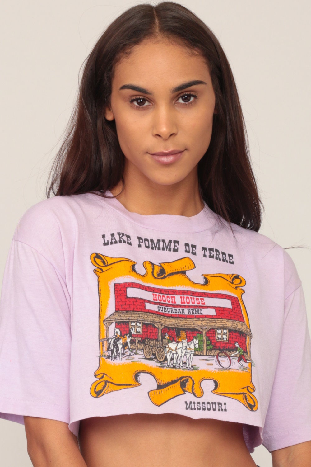 80s Lake Pomme de Terre Missouri Graphic T-Shirt Purple Crop Small
