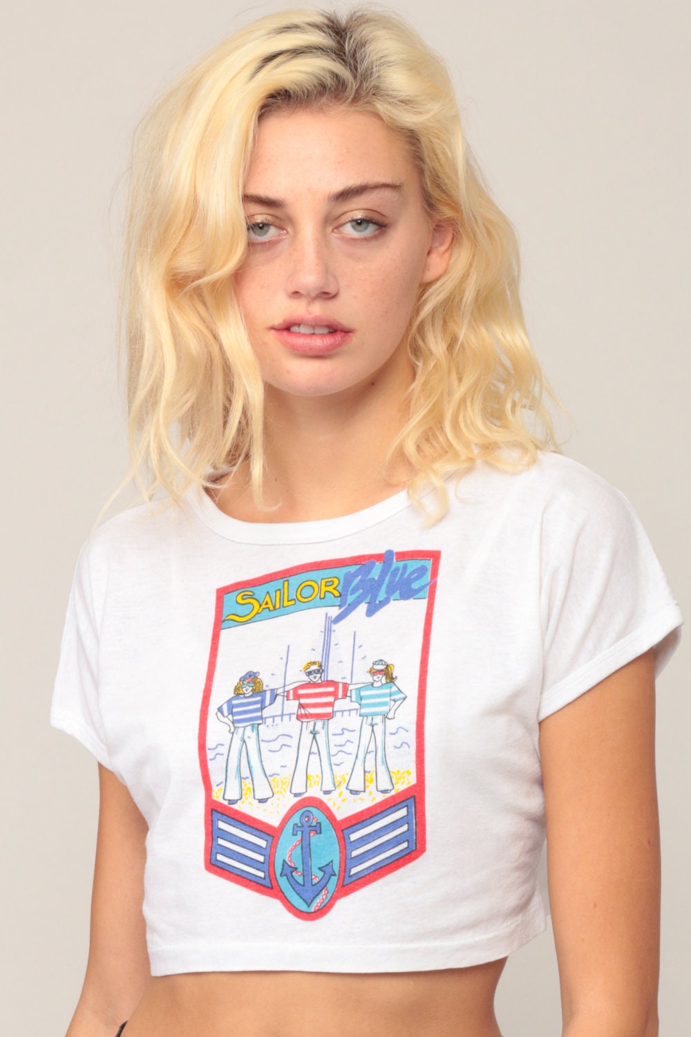 90s Sailor Blue Nautical Graphic Crop Top Cap Sleeve Small