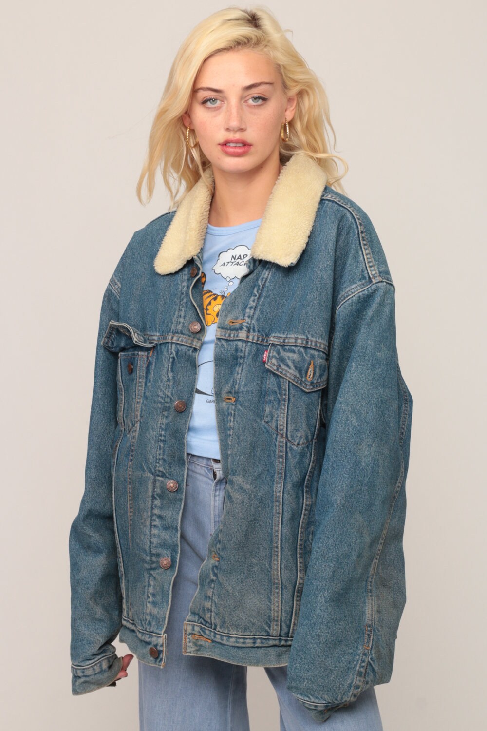 80s Levi's Denim Jacket Faux Shearling Lining Blue Extra Large XL