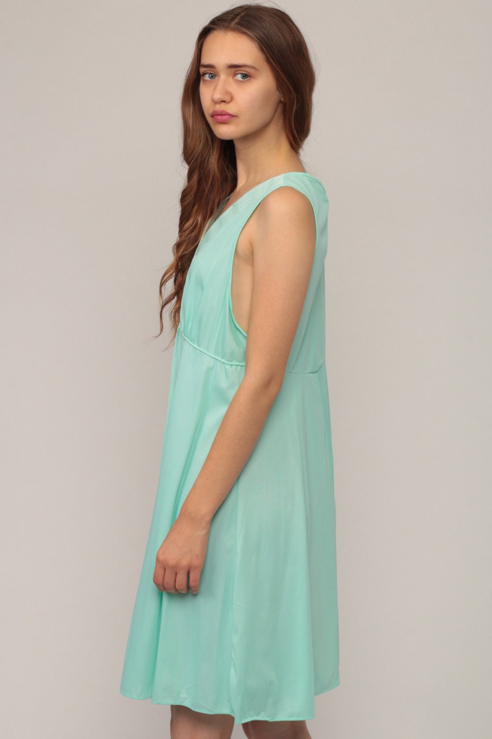 70s Seafoam Green Nylon Nightgown Mini Slip Dress Empire Waist Plunge Large