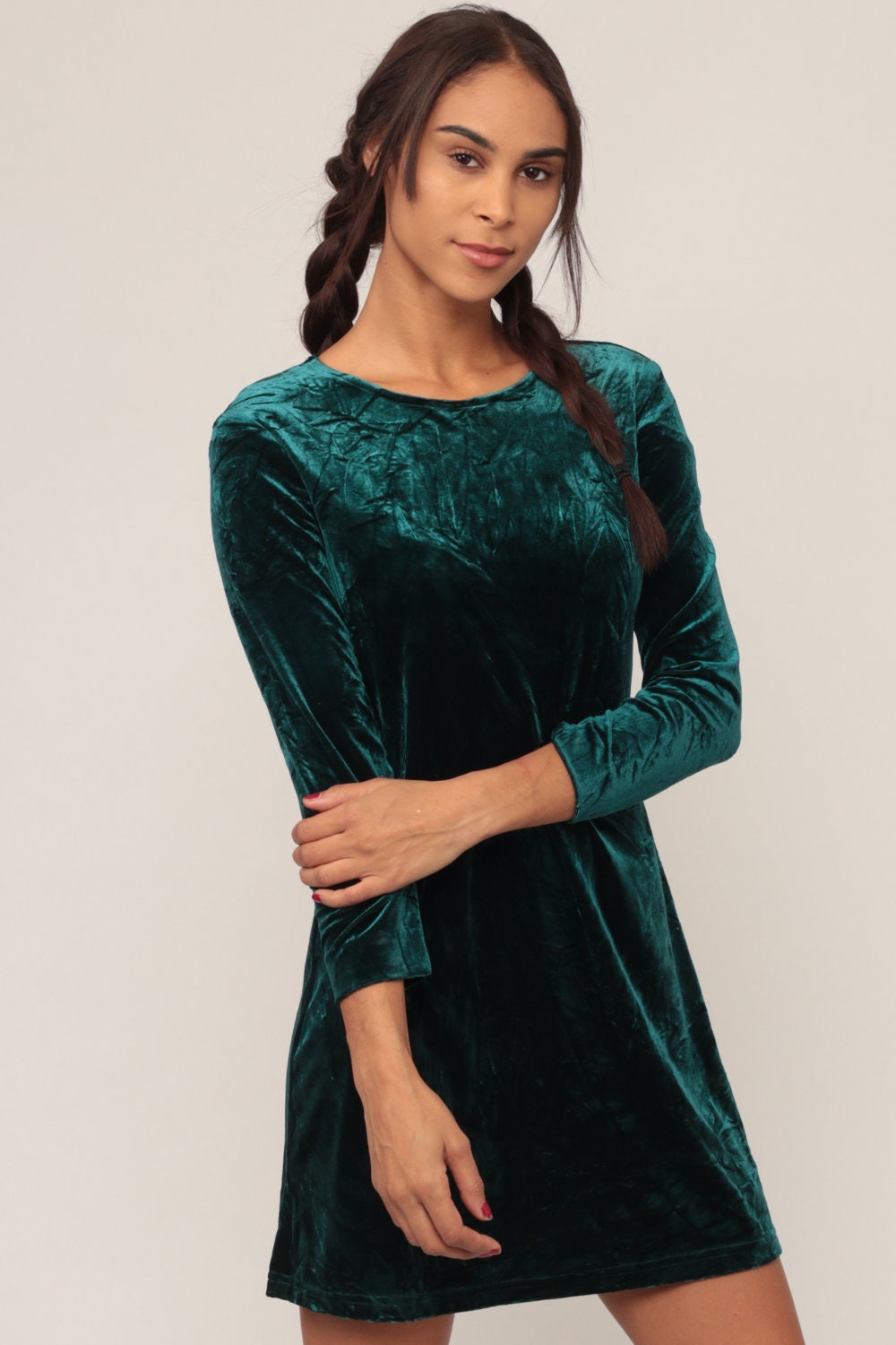 90s Green Velvet Mini Dress Long Sleeve Shift Stretch Medium