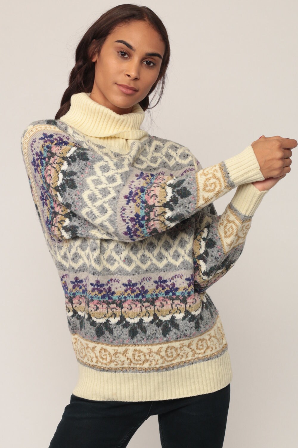 80s Grey Floral Turtleneck Wool Blend Knit Sweater Small Medium