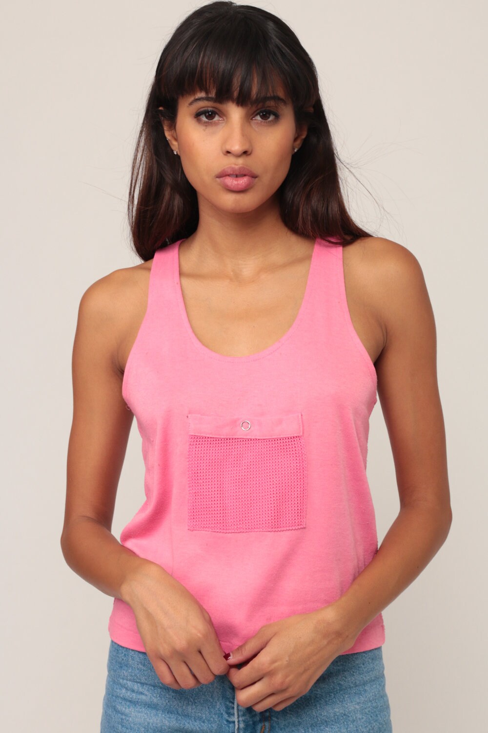 80s Pink Mesh Racerback Tank Top Sheer Sleeveless Medium