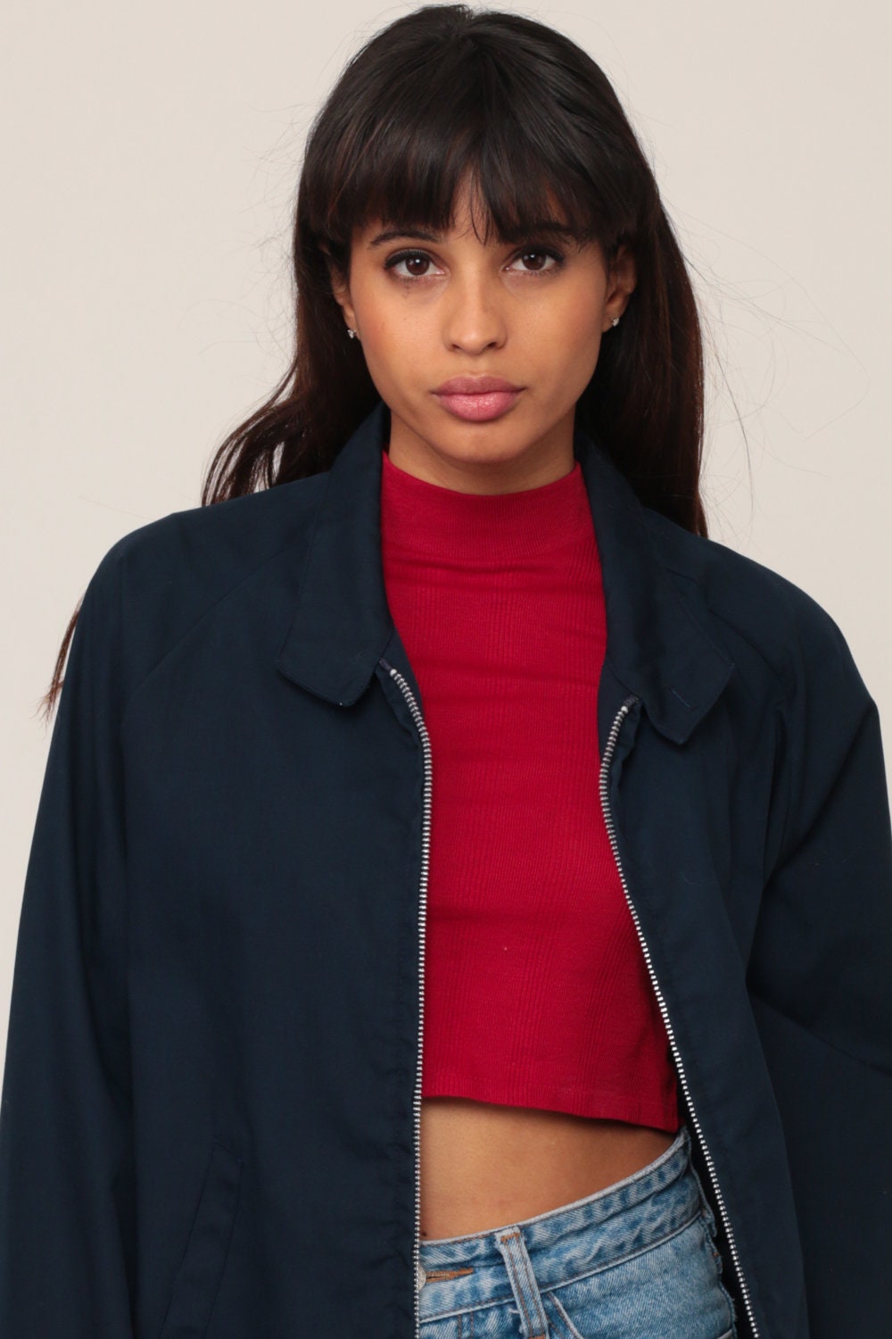 70s Navy Zip-Up Jacket High Neck Unisex Extra Small XS