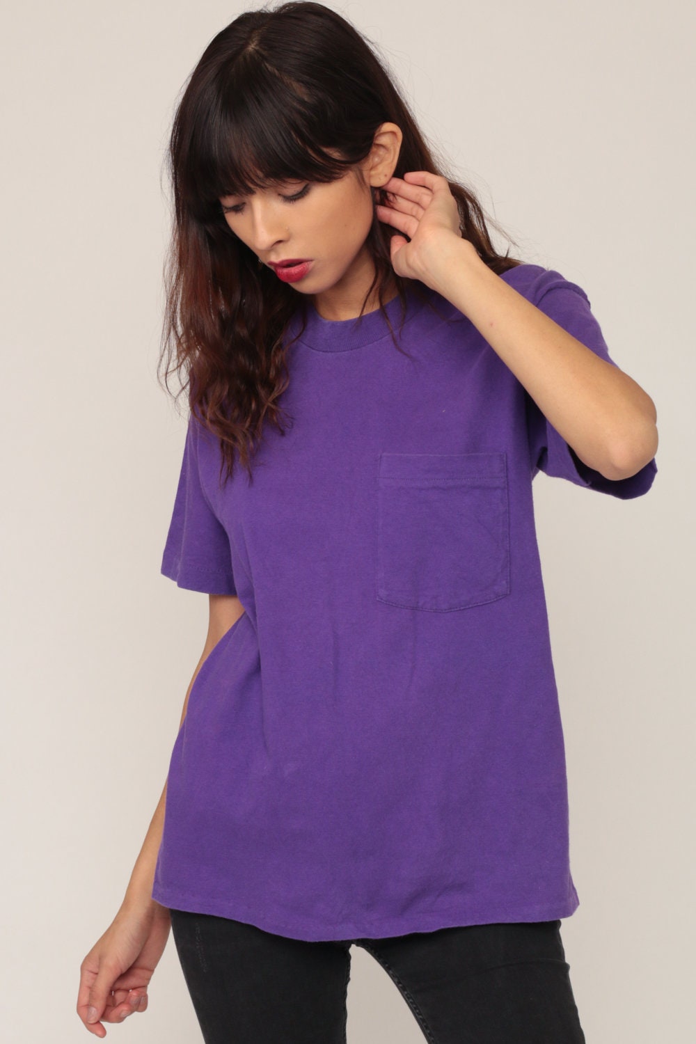 80s Purple Pocket T-Shirt Cotton Crewneck Tee Medium Large