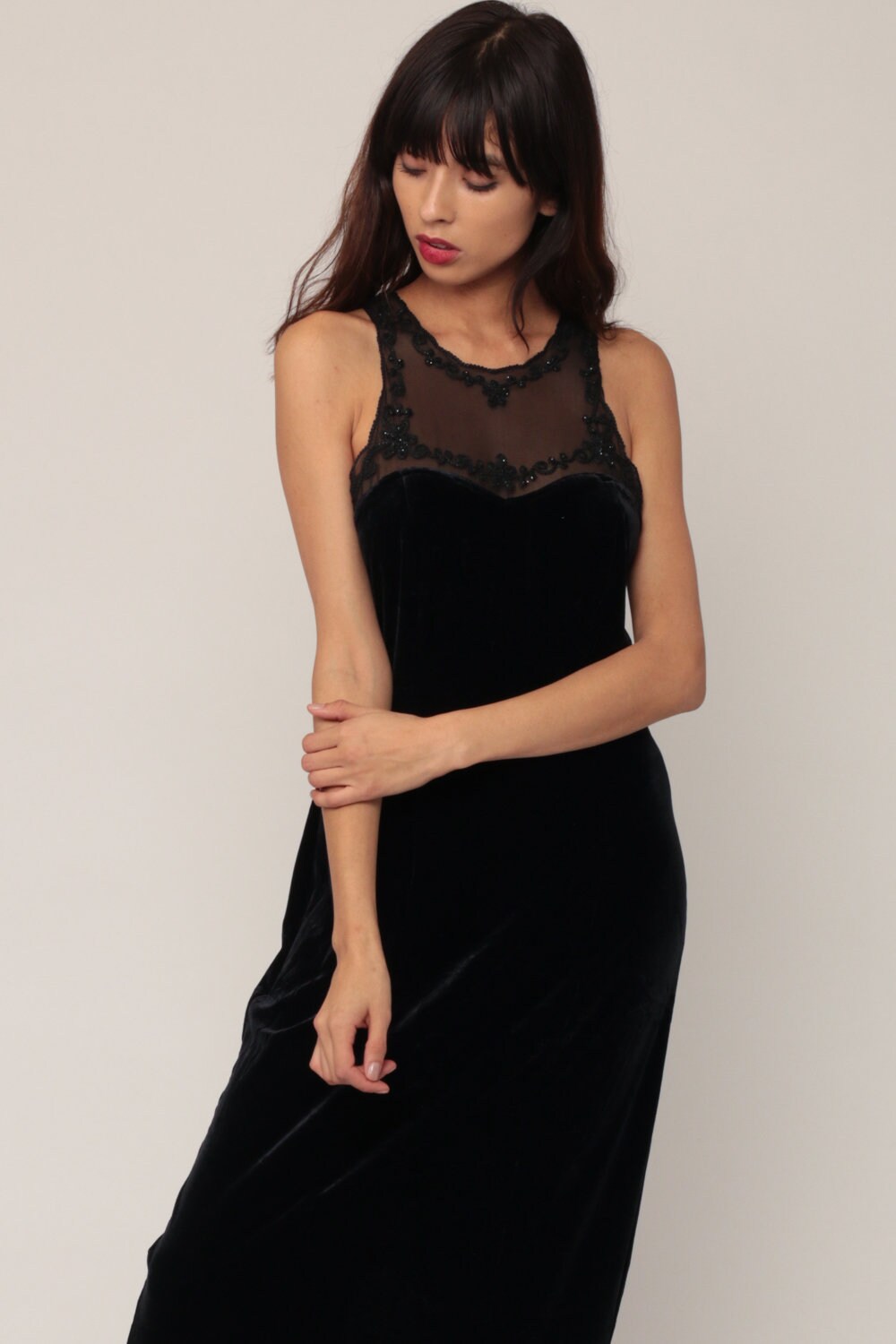 90s Black Velvet Maxi Dress Sequin Mesh Neckline Bodycon Small Medium