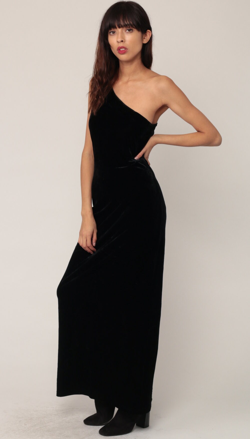90s Black Velvet One-Shoulder Maxi Dress Bodycon Medium