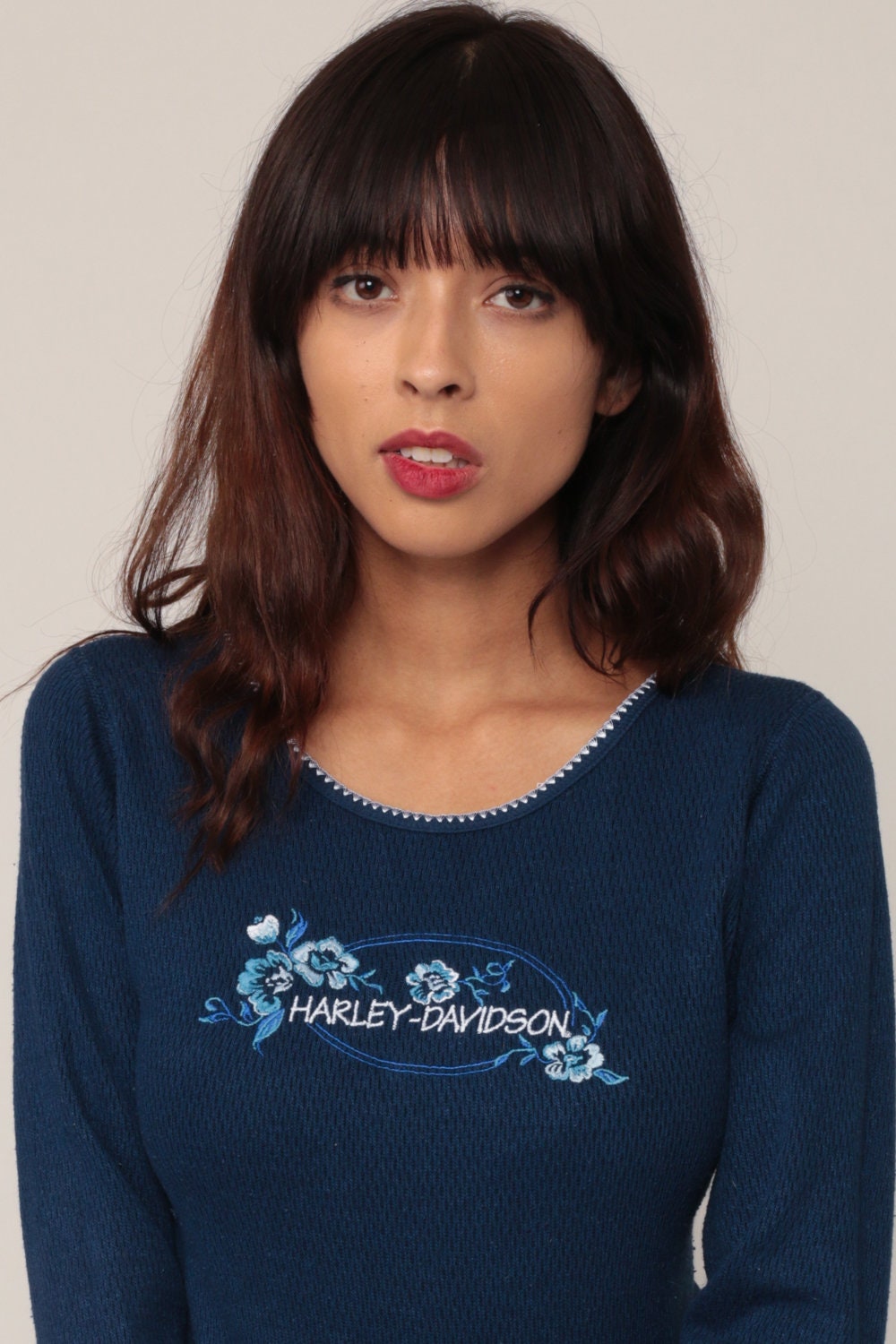 90s Harley Davidson Thermal Waffle Knit Long Sleeve Embroidered Blue Small